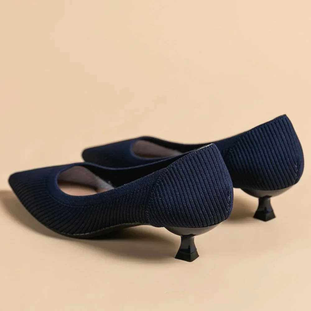 Women's  Navy Blue Kitten Heels Pumps Comfortable Knit Closed Toe Heels Casual - Picture 4 of 5